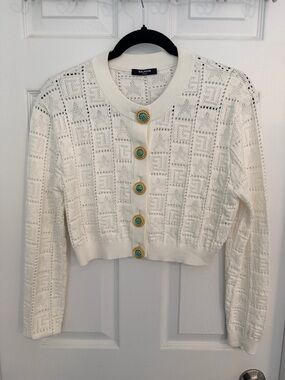 Balmain Cream Openwork Cropped Cardigan with Turquoise-Accent Buttons